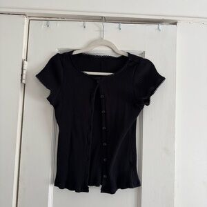 Y2K Shirt Black Ribbed Button-Up Short Sleeve Medium